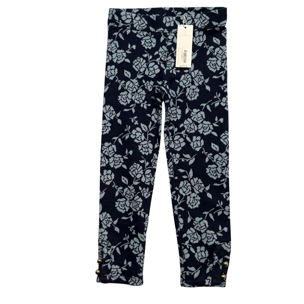 Janie and Jack‎ Floral Knit Pants Girls Size 4 Navy Blue Gold Button Accents